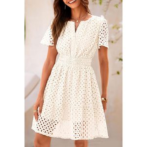 Robe Courte d'Été pour Femme, Col en V, Manches Courtes, Coupe Trapèze, Dentelle Évidée, Décontractée, pour Plage et Soirée, Robe de Printemps, Taille Élastique, Respirante - Product Image 6