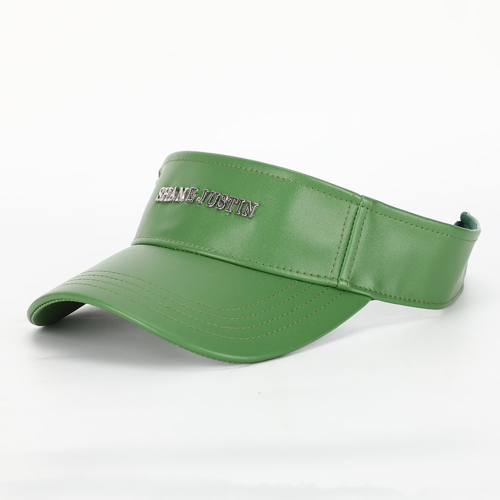 Berretto Meidiney all'ingrosso produttore personalizzato Logo in metallo di alta qualità cappello visiera in pelle verde, visiere sportive da sole estive da donna