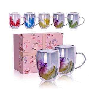 OEM Custom Logo 350ml <b>Double</b> <b>Wall</b> Borosilicate Glass Coffee <b>Mug</b> with Personalized Feathers for Corporate Branding Gift - Product Image 1