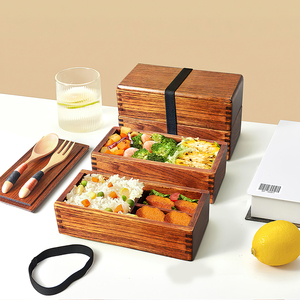 Wooden Japanese Bento Lunch Box with Fork and Spoon Set Food Storage Container for Kids and Adult