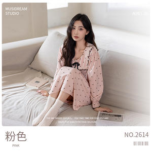 Pijamas de Algodón Modal Spandex Hechos a Medida para Mujer, Camisón Dulce y Bonito de Manga Larga con Lazo y Encaje, Ropa de Dormir Otoñal, ODM - Product Image 6