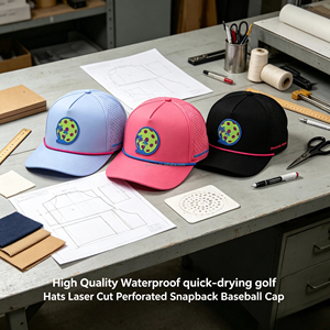 Casquettes de sport en polyester imperméable à 5 panneaux avec logo en caoutchouc, casquette sport personnalisée de haute qualité avec trous découpés au laser, casquettes snapback - Product Image 1
