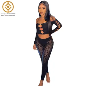 H6176C Mesh Patchwork Baddie 2 Piece Set Sexy Strapless Full Sleeve T-shirt Diamonds Leggings Co-ord Suits Party Club Outfits