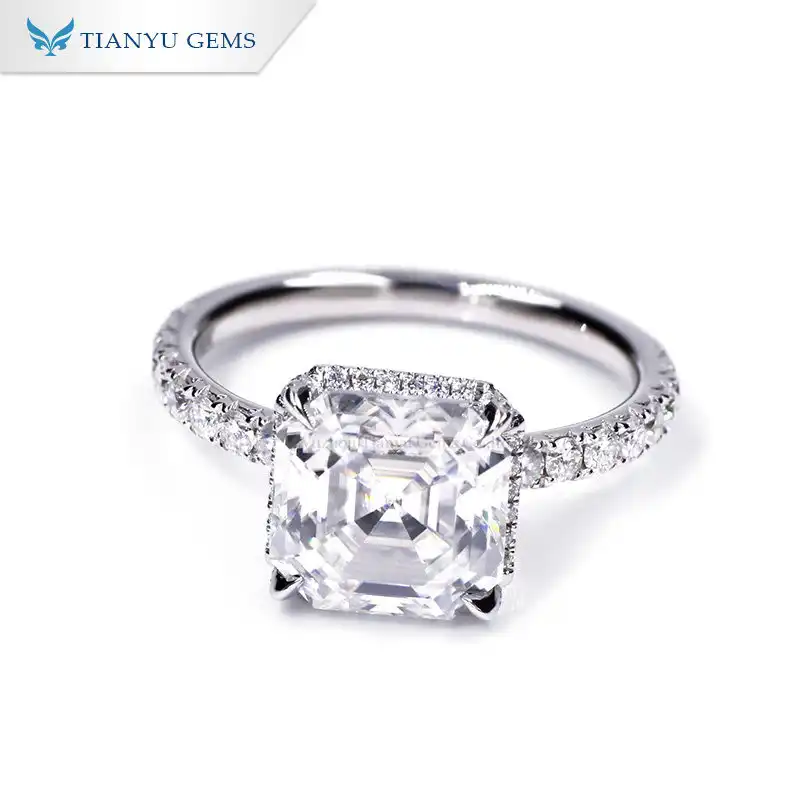 Tianyu gem Asscherは、GRA証明書付きのモアッサナイトダイヤモンドをカットしましたソリッドゴールド14k18kホワイトゴールドの婚約指輪