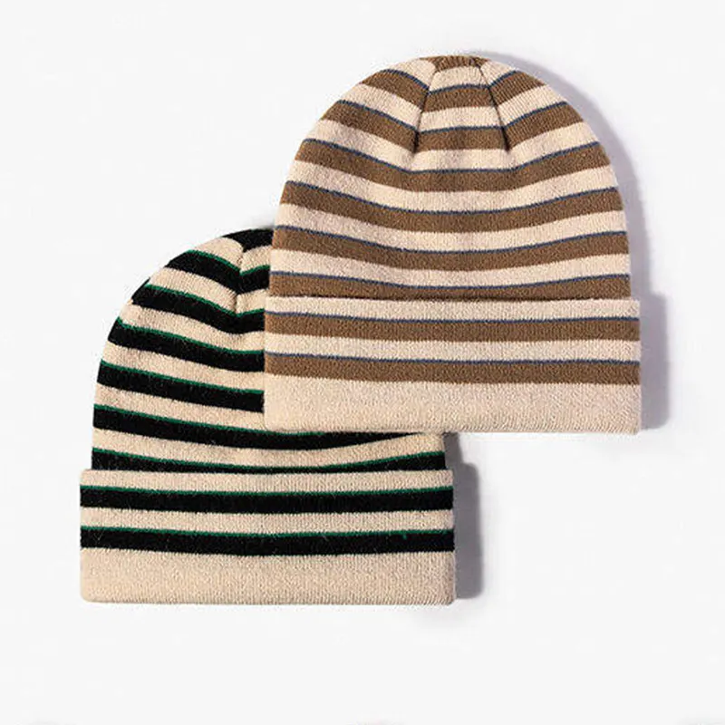 Black Beige Stripe Hat Custom Classic Knit Beanie Russian Winter Cotton Hats Caps for Woman