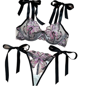 Lune de miel <span class=keywords><strong>Sexy</strong></span> violet maille ensemble de Lingerie pour femmes brodé papillon <span class=keywords><strong>Transparent</strong></span> ODM approvisionnement contrôle de la lumière dentelle Jersey - Product Image 1