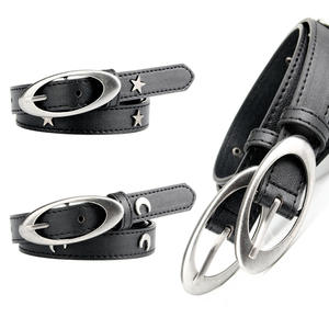 Ceinture en cuir <span class=keywords><strong>noir</strong></span> classique Style Vintage ceinture à boucle en alliage d'argent ovale avec rivets étoile lune pour <span class=keywords><strong>pantalon</strong></span> <span class=keywords><strong>femme</strong></span> - Product Image 2