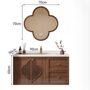 Meuble-lavabo de salle de bain de luxe en bois massif laqué de style chinois avec miroir intelligent 90 cm et lavabo en céramique intégré résistant à l'eau - Product Image 5
