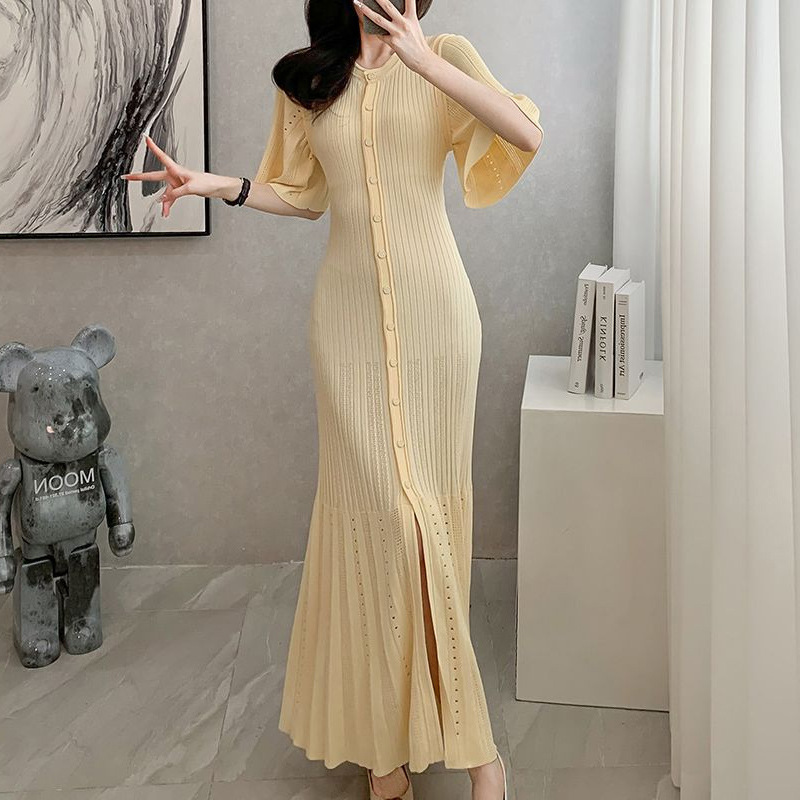 knee length dresses for ladies Milk Long Sleeve Ribbed Knit Midi Dress — SOLMAR main image 1