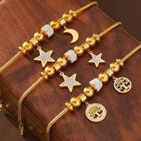 Bracelet en acier inoxydable avec perles porte-bonheur, motif étoile et lune ajourés, arbre de vie et diamants, style européen-américain, collection mode