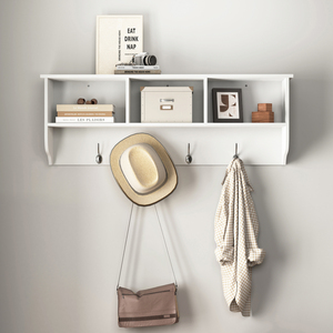 White Entryway <b>Wall</b> Mounted Coat Rack With 4 <b>Hooks</b> Wooden Storage Shelf For Living Room - Product Image 1