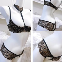 Ensemble de lingerie sexy imprimé léopard à col halter pour femme, soutien-gorge push-up rembourré, design trois pièces, demi-bonnet, polyester/coton, sans entrejambe