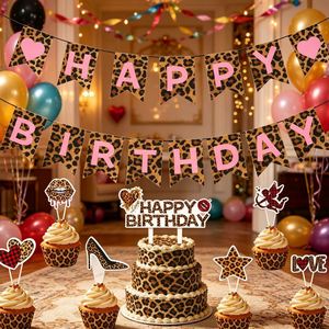 Women Safari Jungle Theme Supplies Animal Happy Banner & <b>Cake</b> Topper <b>Kits</b> Leopard Print Birthday Party Sets - Product Image 1