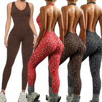 Combinaison de yoga sexy à imprimé léopard pour femme, dos nu, effet push-up, une pièce, tenue de sport, ensemble de vêtements de gym