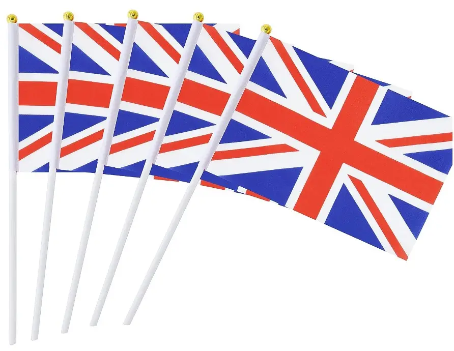 Vente en gros stock, drapeau brandissant à la main du Royaume-Uni, mât en plastique, drapeau tenu dans la main de la Grande-Bretagne