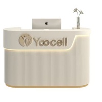 YS-0882 Bureau de réception carré commercial moderne en bois durable et écologique, hauteur réglable, éclairage LED, personnalisable pour hôtel