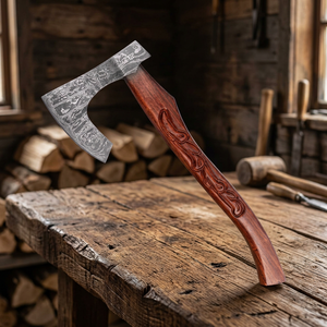SIZZCO Viking Style Bearded <b>Axe</b> Damascus Steel <b>Axe</b> Head Wood <b>Handle</b> Leather Sheath Industrial Tomahawk Hatchet Hunting Camping - Product Image 6