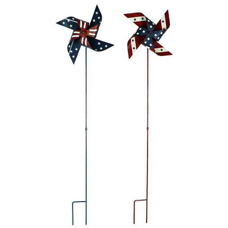 ホット製品手描きメタルガーデンアート装飾屋外ウィンドスピナーガーデンステーク装飾品芝生アメリカ国旗風車
