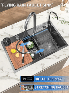 Akıllı tek kase dijital mutfak lavabo 304 paslanmaz cam Rinser ile çelik piyano menteşe anahtar şelale musluk mutfak lavabo - Product Image 2