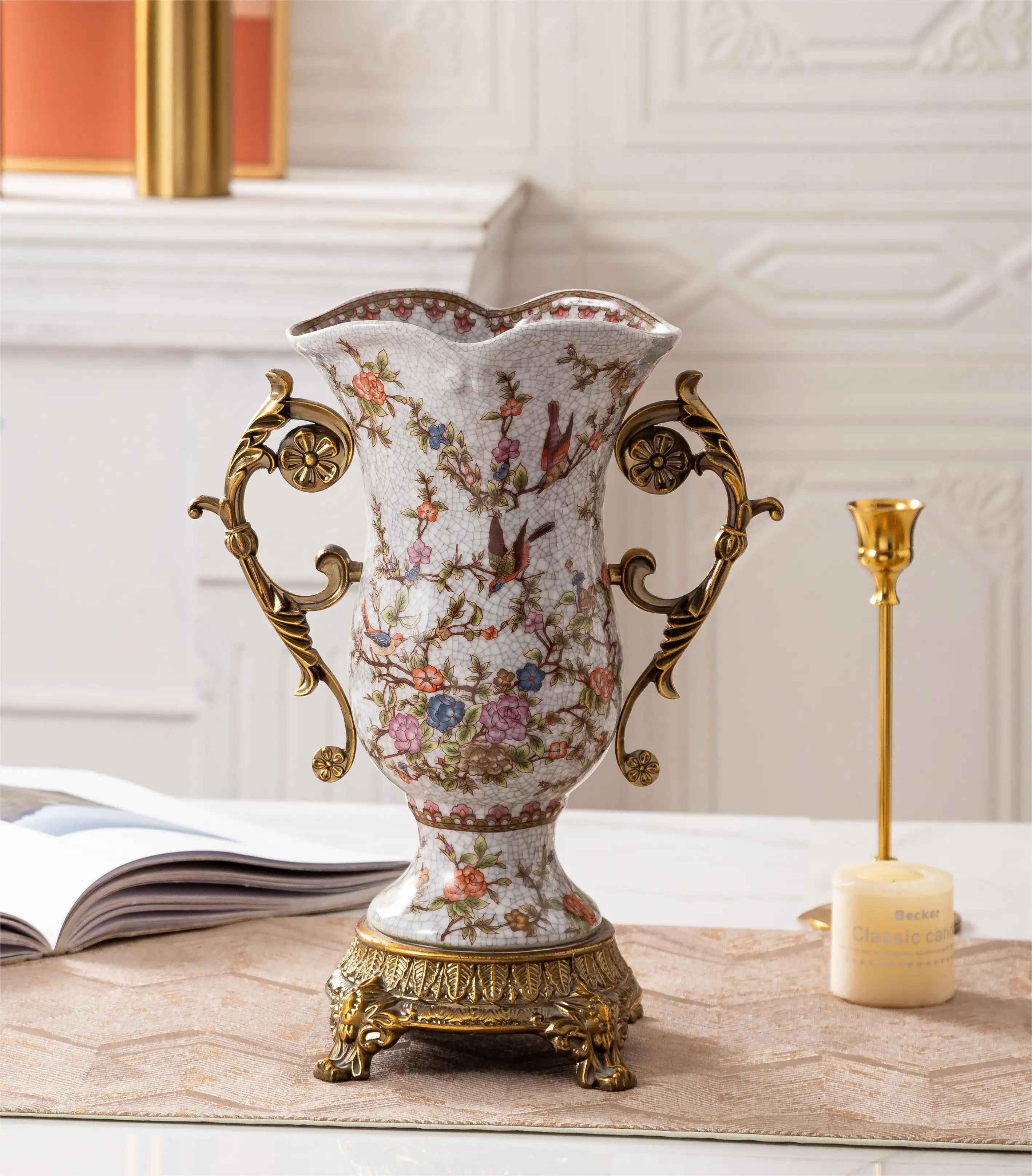 工場価格新しい創造的なデザインレトロクラシックアンティーク真鍮鳥花カザフスタンセラミック花瓶家の装飾用