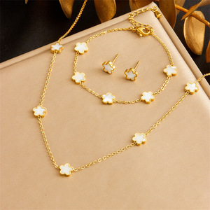 European American Style Flower Shell Jewelry <b>Set</b> Gold Plated Stainless Steel Women's Everyday Wear Necklace <b>Bracelet</b> Earrings - Product Image 1