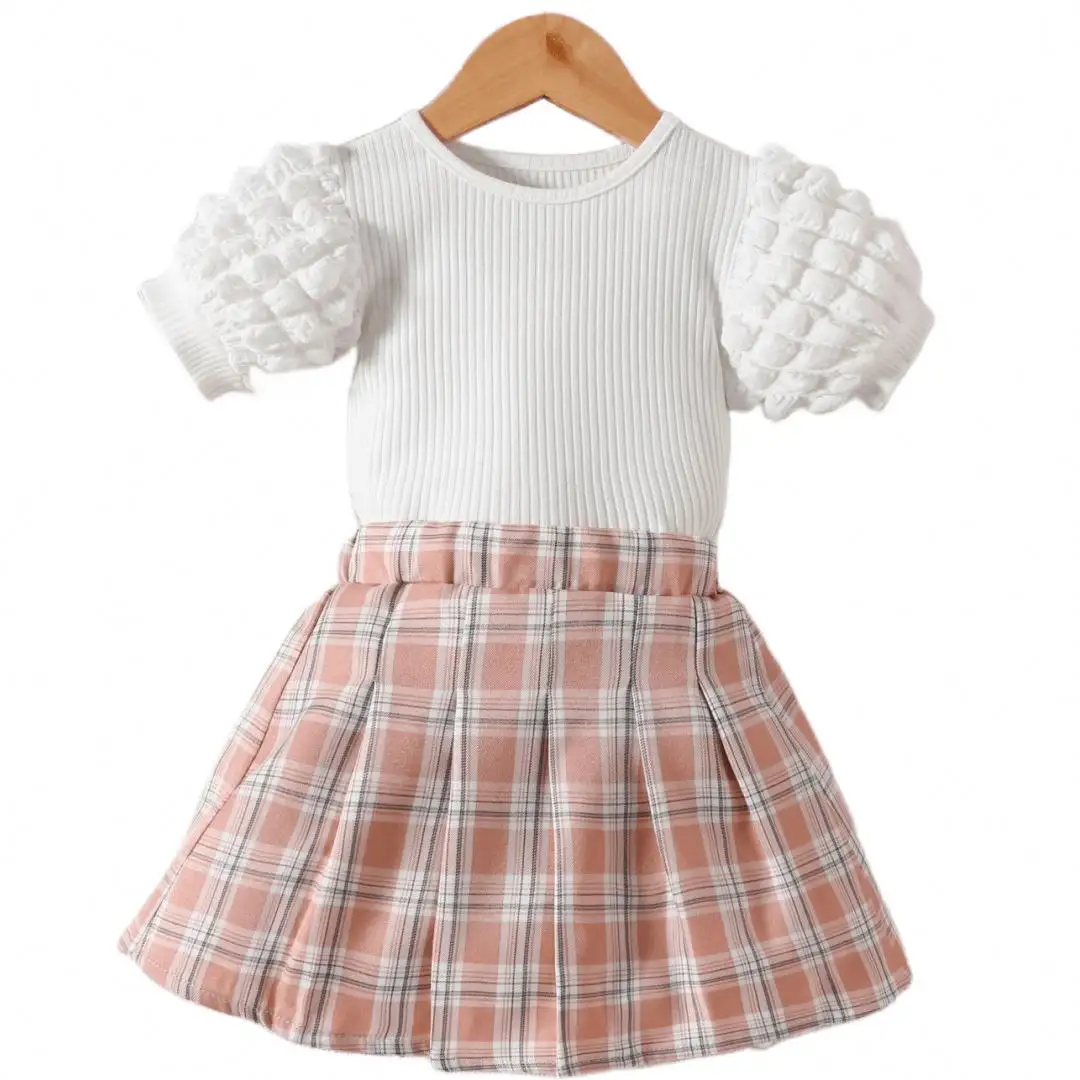 子供服サマープルオーバー半袖ホワイトトップチェック柄スカート2個スーツスウィートガールズドレス