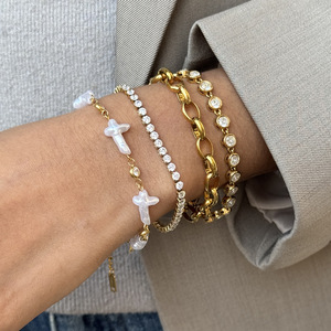 <b>Cross</b> Imitation Pearl Bracelet Gold <b>Chain</b> Bezel Setting Jewelry Gift - Product Image 3