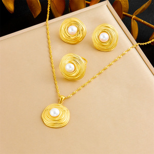 Gold Wire Wrapped Circle <b>Pearl</b> Jewelry <b>Set</b> For Women Everyday Wear Stainless Steel Necklace Earrings Ring <b>Set</b> - Product Image 1