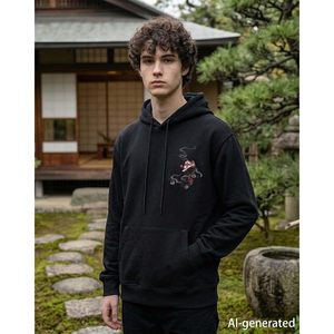 FOXA Men's Embroidered Hoodie Black <b>Dragon</b> Design Regular Sleeve Knitted Polyester Sweatshirt - Product Image 3