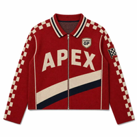 Maßgefertigter Vintage-Rennstrick-Cardigan mit Reißverschluss, Jacquard-Stickerei, Charakter-Patch, Grafik-Streetwear für Herren, Großhandel OEM ODM