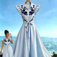 Robes midi évasées taille empire style coréen, romantiques, rayées, sans manches pour femme, été, respirantes, lavables, tissées