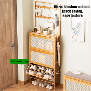 <b>Shoe</b> Cabinet with 3 Rattan Flip Drawers Bamboo Storage Coat <b>Hooks</b> Freestanding Entryway Organizer - Product Image 6