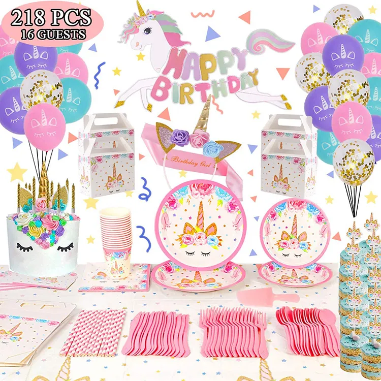 Nicro 218 Pcs Birthday Unicorn Party Supplies Set With Candy Box Banner Balloon Invitation Cards Baby Girl Birthday Decoration