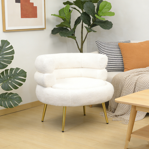 Poltrona Moderna di Lusso con Dettagli in Pelliccia Sintetica Bianca e Gambe in Metallo Dorato, Design a Schienale Stratificato per Soggiorno, Caffetteria e Arredamento <span class=keywords><strong>Boudoir</strong></span> - Product Image 6