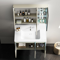 Ensemble de meuble-lavabo moderne en contreplaqué blanc crème imperméable avec vasque en céramique, miroir intelligent et armoire murale pour hôtel, villa, appartement