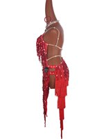 Robe de danse latine pour femmes, rouge, à franges et paillettes, avec strass, bretelles spaghetti, dos nu, costume de performance professionnel pour salsa