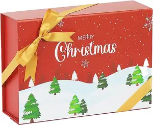 Kotak kertas Natal lipat desain kustom kotak kemasan karton Glitter mewah kotak Natal penutupan magnetik holografik perak