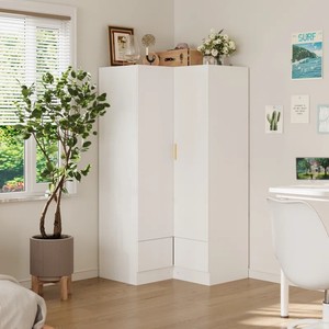 Armario de almacenamiento de diseño de dormitorio pequeño <span class=keywords><strong>para</strong></span> chica moderna, armario móvil de esquina de madera de 2 puertas en forma de L con cajón <span class=keywords><strong>para</strong></span> <span class=keywords><strong>ropa</strong></span> - Product Image 1