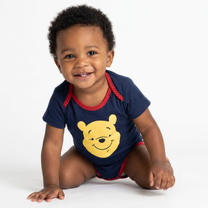 Combinaison pour bébé à manches courtes, 100% coton biologique, écologique, imprimée bleu marine avec bordure rouge pour nourrissons et tout-petits - Product Image 1