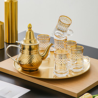 Service à thé en verre avec théière en acier inoxydable doré, plateau et cafetière – Ensemble pour salon et maison