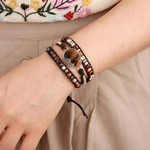 Bracelet en cuir marron pour hommes et femmes avec pierres mélangées œil de tigre, perles, 3 brins, bracelet pour amoureux, bijoux en gros, livraison directe - Product Image 4