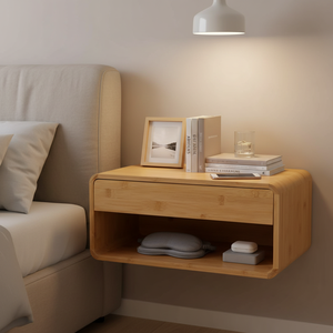 Wholesale Bamboo Wall-Mounted Nightstand Floating <strong>Bedside</strong> Table Organizer <strong>Shelves</strong> with Drawer for Bedroom - Product Image 2