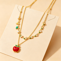 Collier Cœur Cerise Double Chaîne en Acier Inoxydable Plaqué Or 18K de Haute Qualité avec Diamants, Style Européen et Américain, Idéal pour un Cadeau