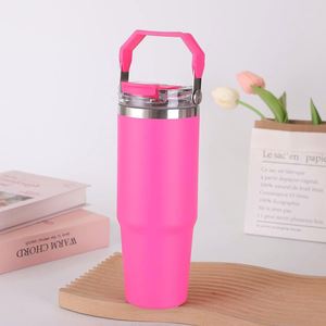 Gobelet de voyage isotherme à double paroi avec poignée, 20oz 30oz, avec couvercle et paille, base antidérapante, pour le bureau et les trajets quotidiens - Product Image 4
