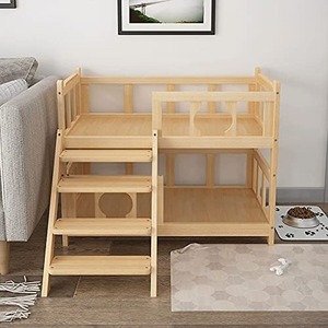 Lit pour chien double couche en bois massif de luxe avec barrière de sécurité, coussin gris universel quatre saisons, maison pour animaux à motif animalier - Product Image 4