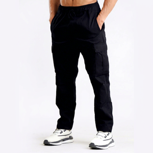 <b>Men's</b> <b>Black</b> <b>Cargo</b> <b>Pants</b> Elastic Waist Midweight Ruched Multiple Pockets Breathable Canvas Fabric Casual Style Drawstring Closure - Product Image 1