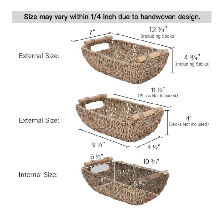लकड़ी के हैंडल के साथ 2 पैक समुद्री घास रतन टोकरियाँ, छोटी विकर टोकरियाँ, हाथ से बुनी हुई टोकरियाँ
