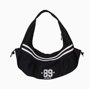 Sac de poitrine rayé en nylon noir pour femme, sac bandoulière sportif à fermeture éclair avec impression de lettres 89, grande capacité, tendance - Product Image 1