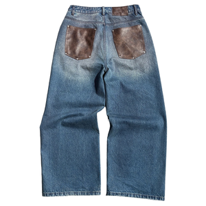 Nouveau <span class=keywords><strong>Jean</strong></span> Femme Designer Personnalisé 2026, Style Américain Rétro, Coupe Ample, Effet Vieilli, avec Poche Arrière en Cuir Patchwork, OEM ODM - Product Image 2