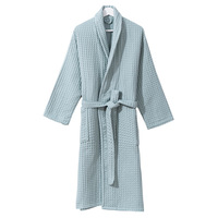 Robe de chambre élégante unie pour femme en tissu gaufré, manches longues, longueur genou, 100 % coton, douce et infroissable, idéale pour la détente quotidienne à la maison